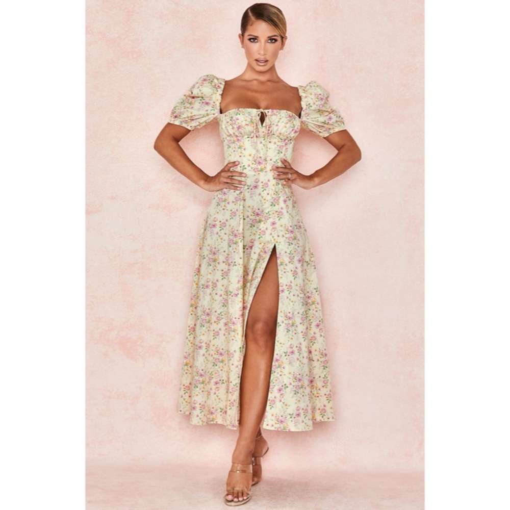 House of CB Tallulah Lemon Floral Puff Sleeve Midi Sundress